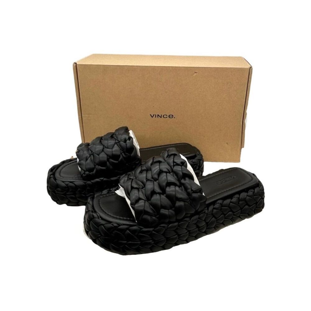 Vince Pompei Braided Leather Platform Slide Sandals Black Women’s 8.5 New